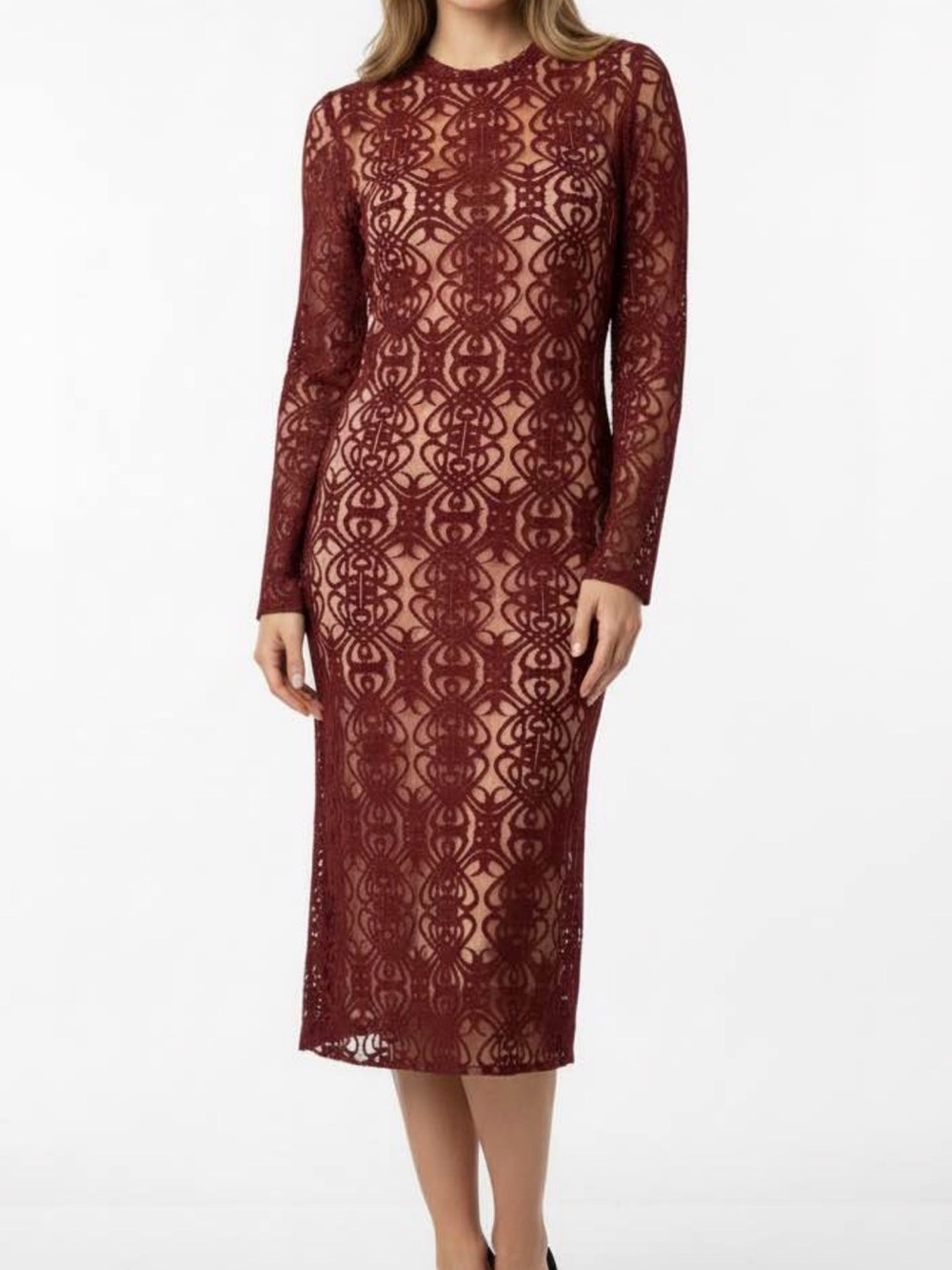 Forever 21 Burgundy Lace Long-Sleeve Midi Dress